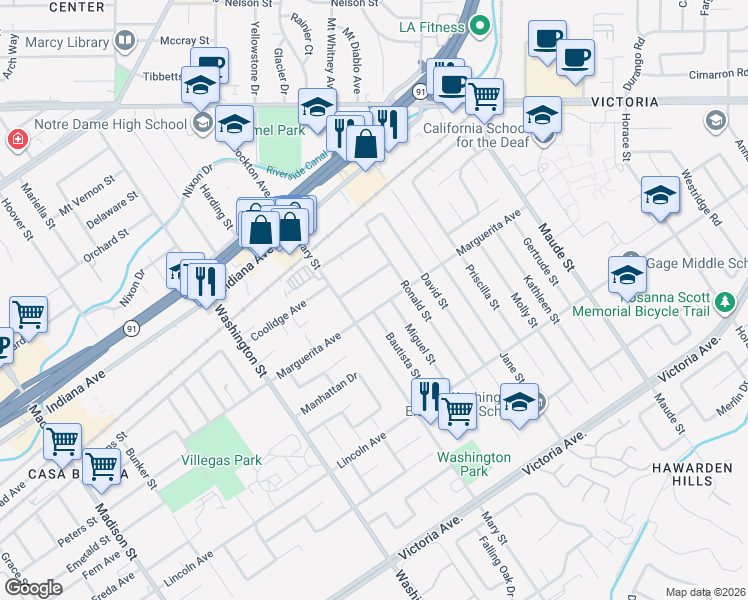 map of restaurants, bars, coffee shops, grocery stores, and more near 6851 Marguerita Avenue in Riverside