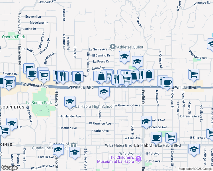 map of restaurants, bars, coffee shops, grocery stores, and more near in La Habra