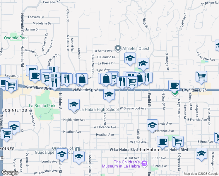 map of restaurants, bars, coffee shops, grocery stores, and more near 559 West Whittier Boulevard in La Habra