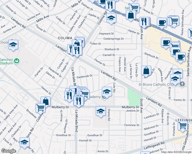 map of restaurants, bars, coffee shops, grocery stores, and more near 10521 Bluefield Avenue in Whittier