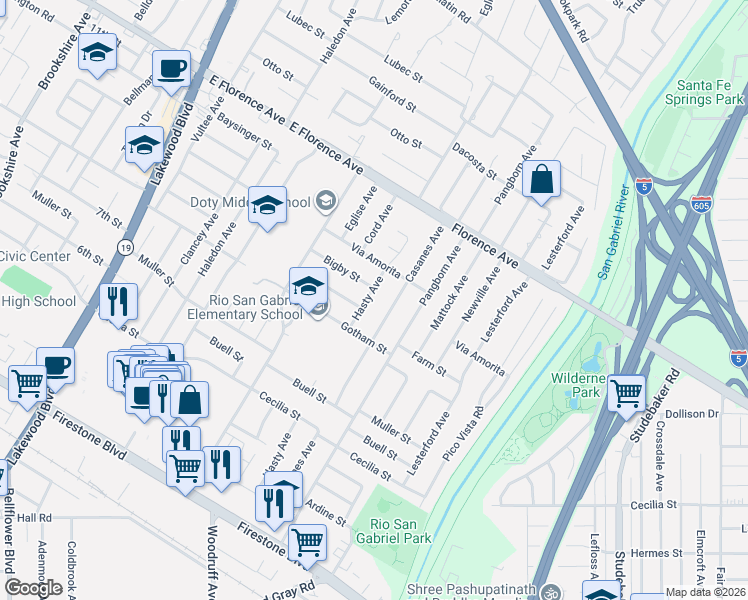 map of restaurants, bars, coffee shops, grocery stores, and more near 10406 Hasty Avenue in Downey