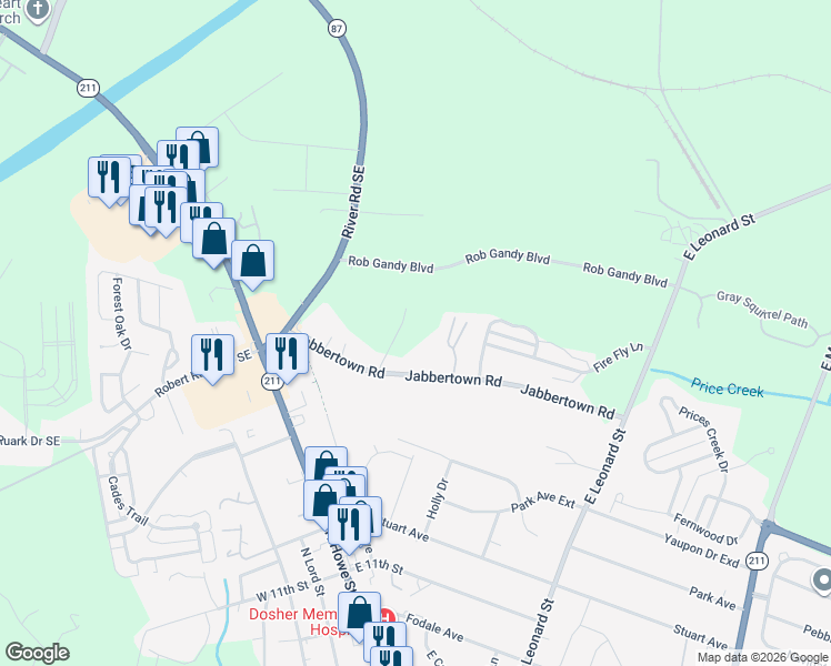 map of restaurants, bars, coffee shops, grocery stores, and more near 636 Jabbertown Road in Southport