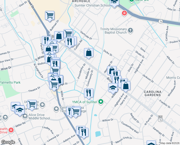 map of restaurants, bars, coffee shops, grocery stores, and more near 21 Middle Street in Sumter