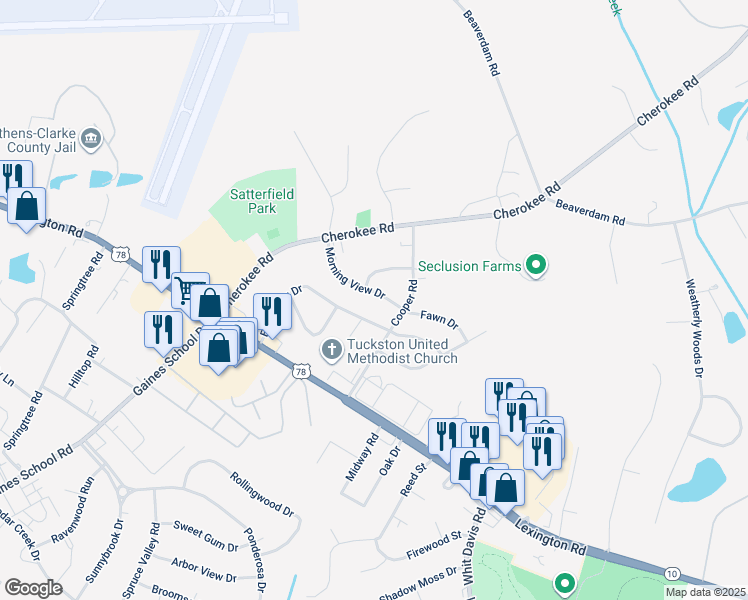 map of restaurants, bars, coffee shops, grocery stores, and more near 311 East Meadow Drive in Athens