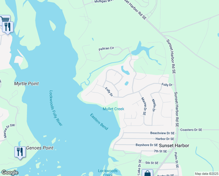 map of restaurants, bars, coffee shops, grocery stores, and more near 598 Folly Drive in Bolivia