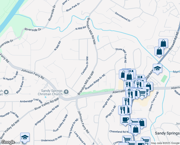 map of restaurants, bars, coffee shops, grocery stores, and more near 6728 Brandon Mill Road Northwest in Atlanta