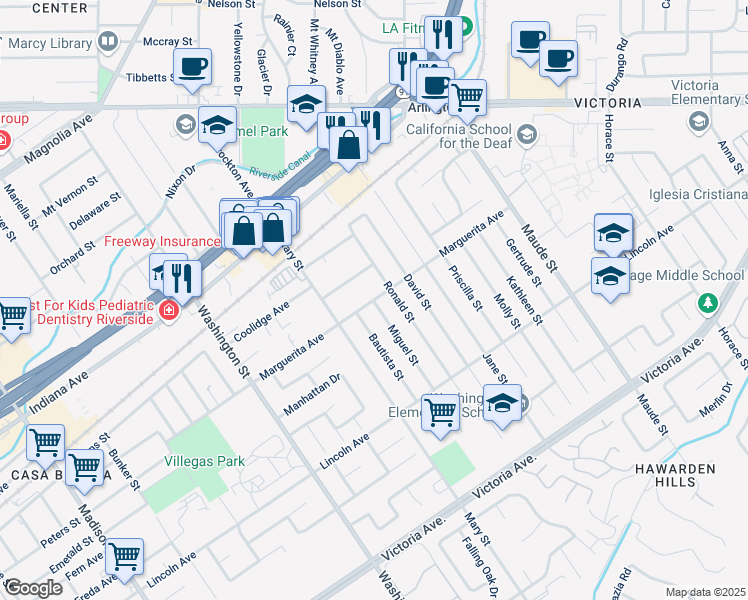 map of restaurants, bars, coffee shops, grocery stores, and more near 6850 Marguerita Avenue in Riverside