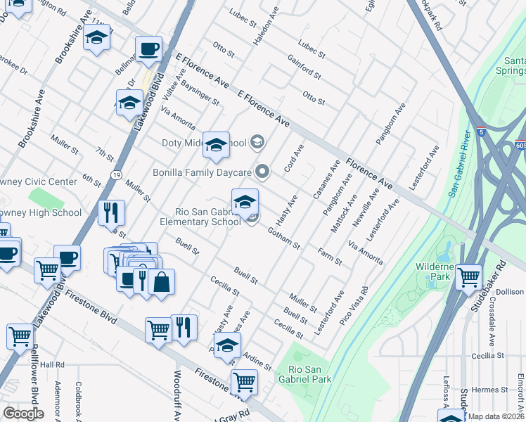 map of restaurants, bars, coffee shops, grocery stores, and more near 9356 Farm Street in Downey
