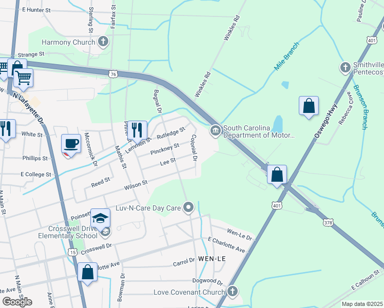 map of restaurants, bars, coffee shops, grocery stores, and more near Lee Street in Sumter