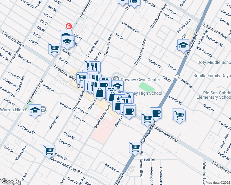 map of restaurants, bars, coffee shops, grocery stores, and more near 11131 Brookshire Avenue in Downey