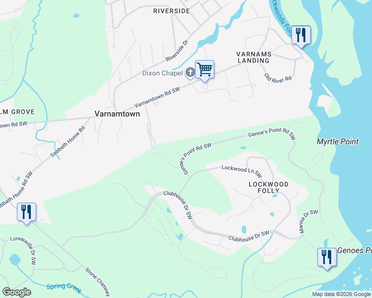 map of restaurants, bars, coffee shops, grocery stores, and more near 2944 North Court in Brunswick County