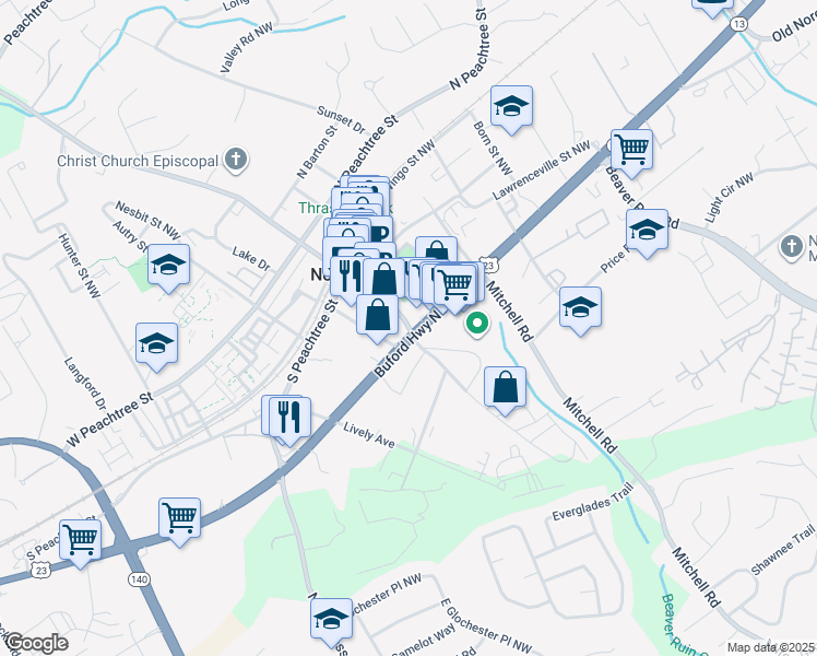 map of restaurants, bars, coffee shops, grocery stores, and more near 141 Holcomb Bridge Road in Norcross