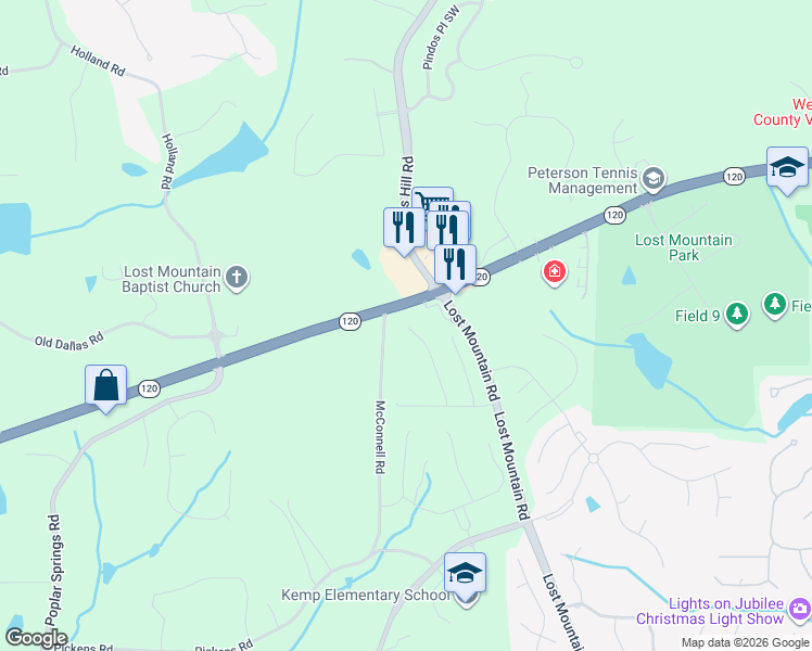 map of restaurants, bars, coffee shops, grocery stores, and more near 691 McConnell Road in Powder Springs