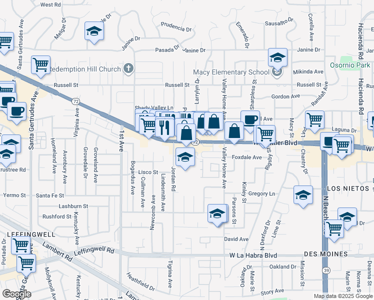 map of restaurants, bars, coffee shops, grocery stores, and more near 16424 Whittier Boulevard in Whittier