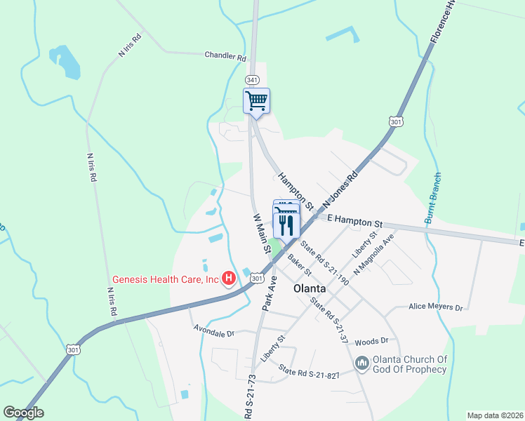 map of restaurants, bars, coffee shops, grocery stores, and more near 209 Church St in Olanta