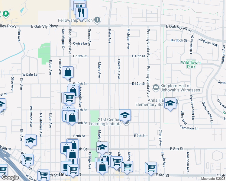map of restaurants, bars, coffee shops, grocery stores, and more near 1168 Palm Avenue in Beaumont