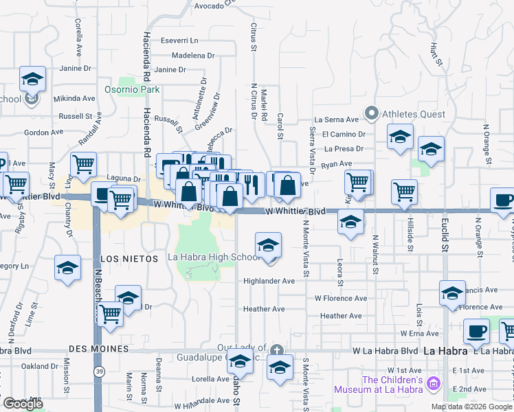 map of restaurants, bars, coffee shops, grocery stores, and more near 1051 West Whittier Boulevard in La Habra