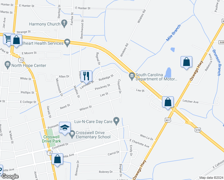 map of restaurants, bars, coffee shops, grocery stores, and more near 307 Lee Street in Sumter