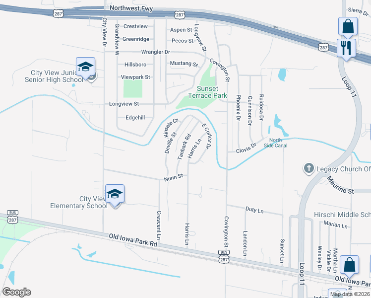 map of restaurants, bars, coffee shops, grocery stores, and more near 1411 Harris Lane in Wichita Falls