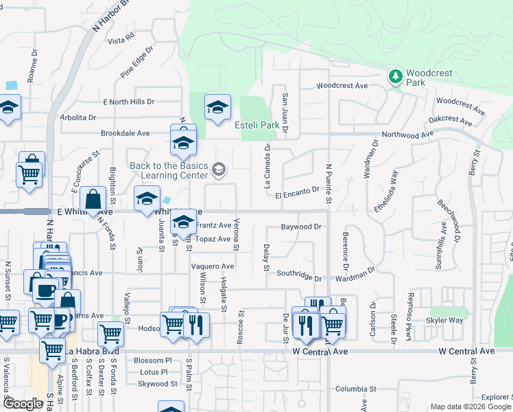 map of restaurants, bars, coffee shops, grocery stores, and more near 800 North Tropicana Way in La Habra