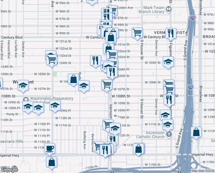 map of restaurants, bars, coffee shops, grocery stores, and more near 10625 South Vermont Avenue in Los Angeles