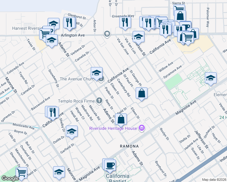 map of restaurants, bars, coffee shops, grocery stores, and more near 4136 Eileen Street in Riverside