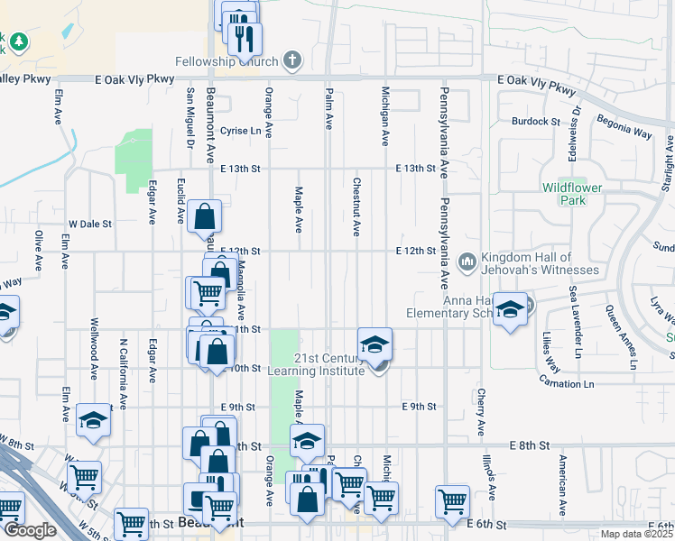 map of restaurants, bars, coffee shops, grocery stores, and more near 1168 Palm Avenue in Beaumont