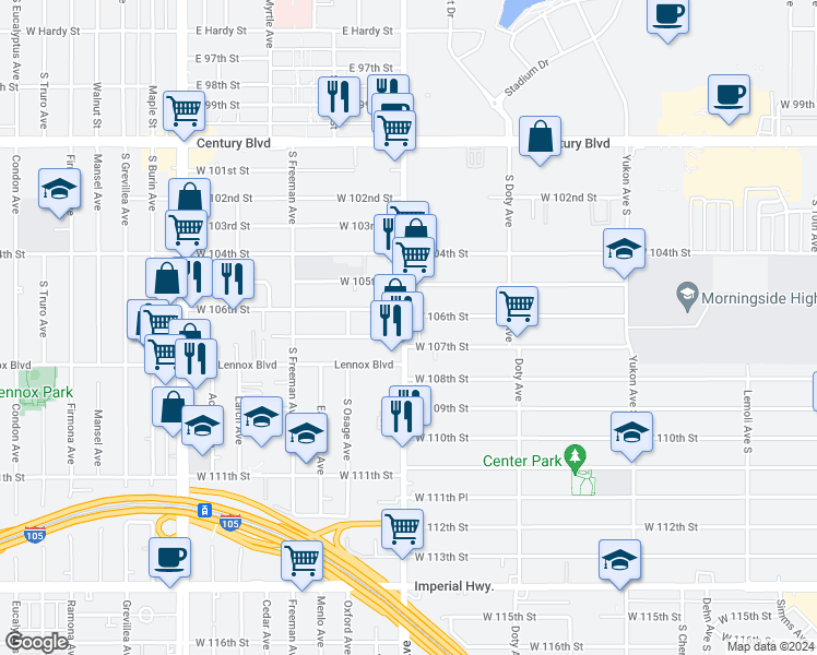 map of restaurants, bars, coffee shops, grocery stores, and more near 10612 South Prairie Avenue in Inglewood