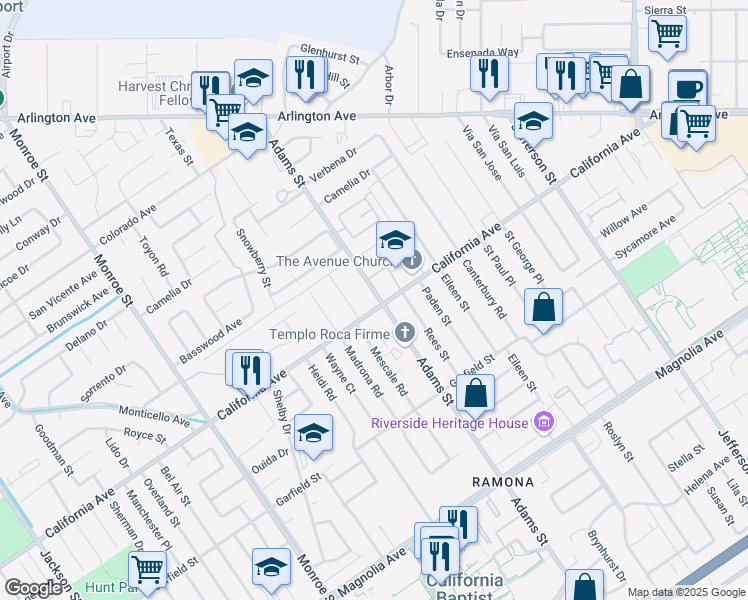 map of restaurants, bars, coffee shops, grocery stores, and more near 4215 Mescale Road in Riverside
