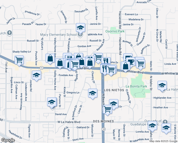 map of restaurants, bars, coffee shops, grocery stores, and more near 2232 Kenrich Court in La Habra