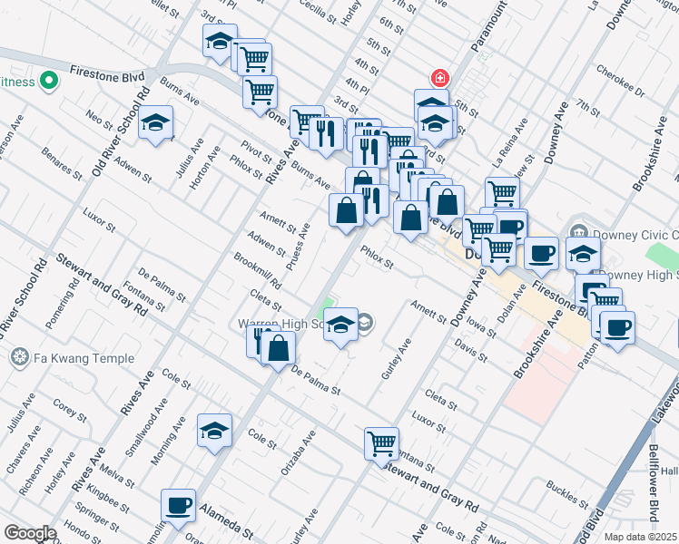 map of restaurants, bars, coffee shops, grocery stores, and more near 11546 Paramount Boulevard in Downey