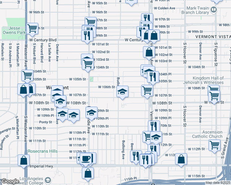 map of restaurants, bars, coffee shops, grocery stores, and more near 10636 Budlong Avenue in Los Angeles