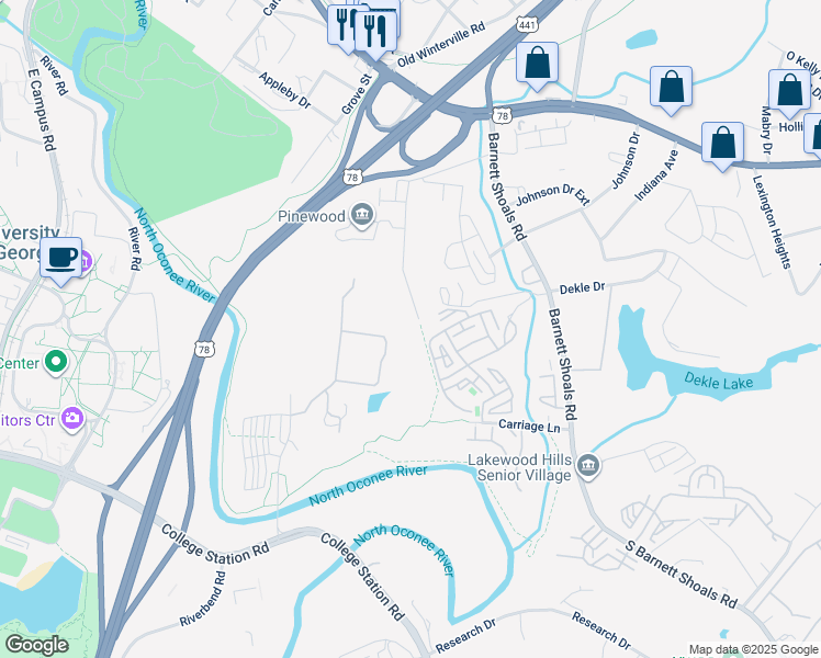 map of restaurants, bars, coffee shops, grocery stores, and more near 490 South Barnett Shoals Road in Athens