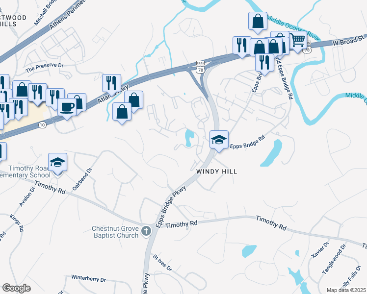 map of restaurants, bars, coffee shops, grocery stores, and more near 259-265 Wood Lake Drive in Athens