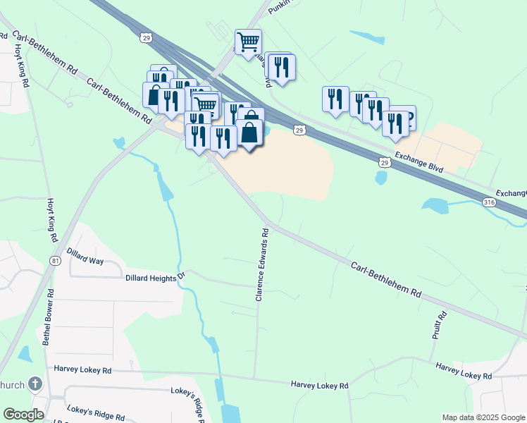 map of restaurants, bars, coffee shops, grocery stores, and more near 463 Carl Bethlehem Road Southwest in Bethlehem