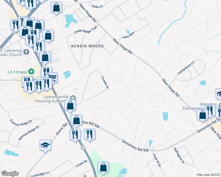 map of restaurants, bars, coffee shops, grocery stores, and more near 97 Forest Place in Lawrenceville