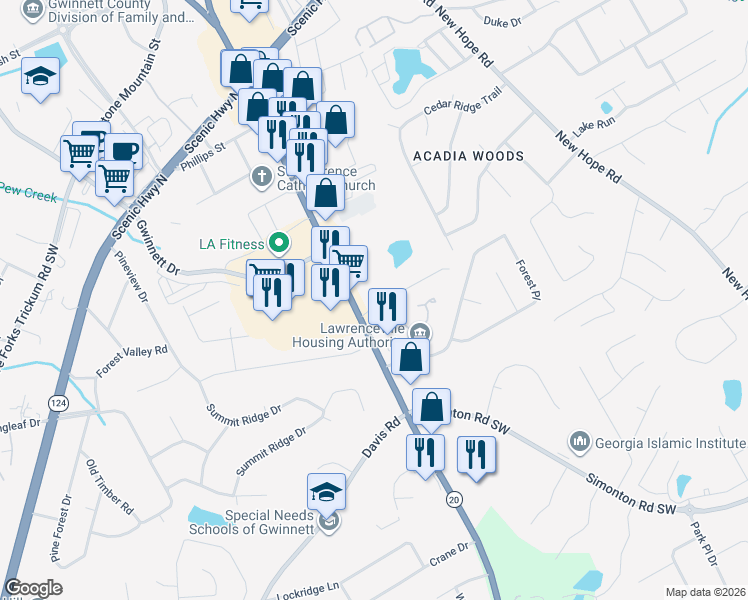 map of restaurants, bars, coffee shops, grocery stores, and more near 280 Kubol Drive in Lawrenceville