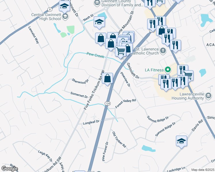 map of restaurants, bars, coffee shops, grocery stores, and more near 493 Stone Mountain Street in Lawrenceville