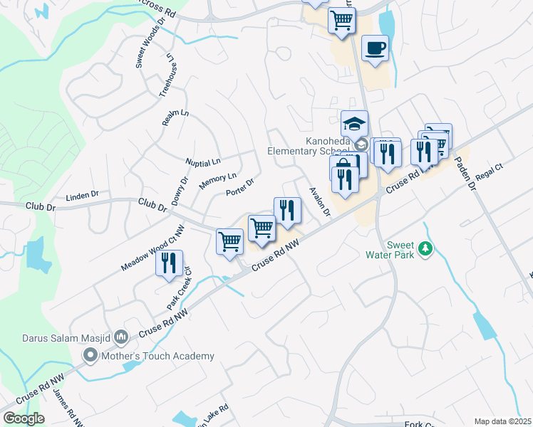 map of restaurants, bars, coffee shops, grocery stores, and more near 1222 Primrose View Circle Northwest in Lawrenceville