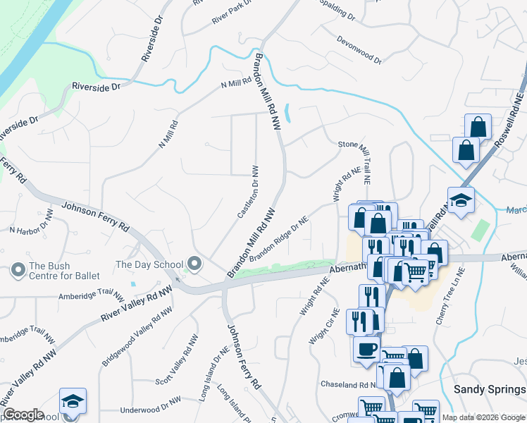 map of restaurants, bars, coffee shops, grocery stores, and more near 6728 Brandon Mill Road Northwest in Atlanta