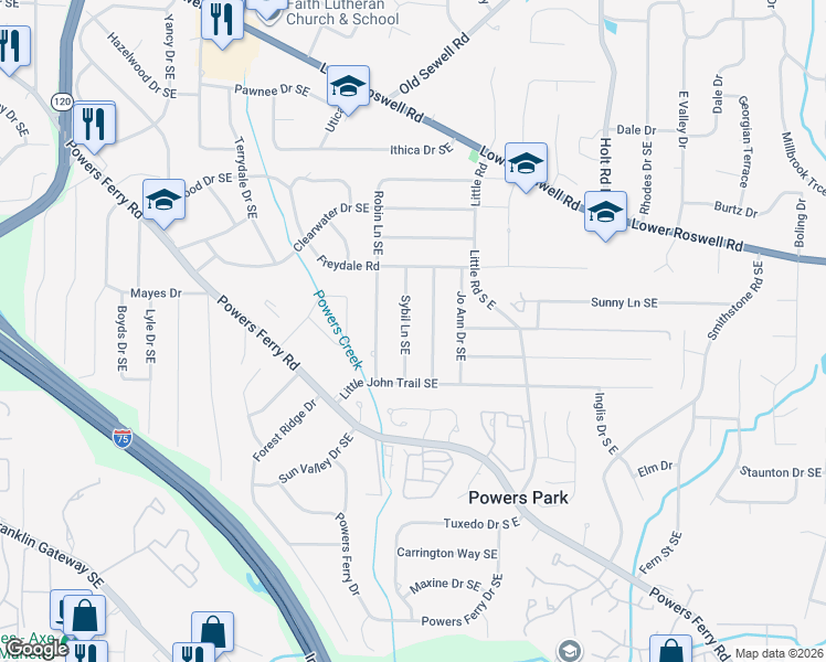 map of restaurants, bars, coffee shops, grocery stores, and more near 511 Sybil Lane Southeast in Marietta