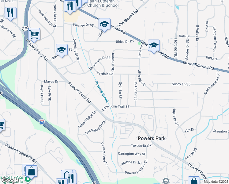 map of restaurants, bars, coffee shops, grocery stores, and more near 534 Sybil Lane Southeast in Marietta