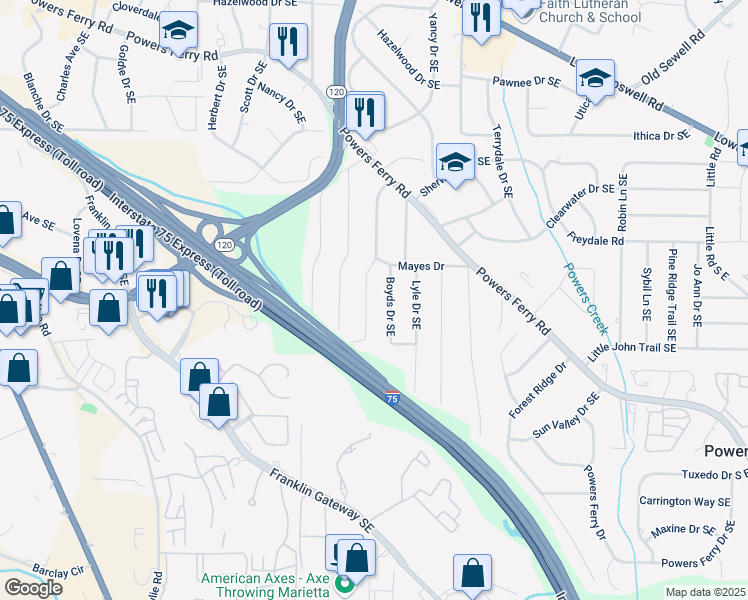 map of restaurants, bars, coffee shops, grocery stores, and more near 2071 Meadowbrook Lane in Marietta