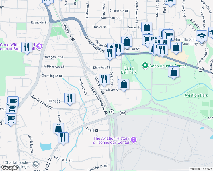 map of restaurants, bars, coffee shops, grocery stores, and more near 395 Glover Street Southeast in Marietta