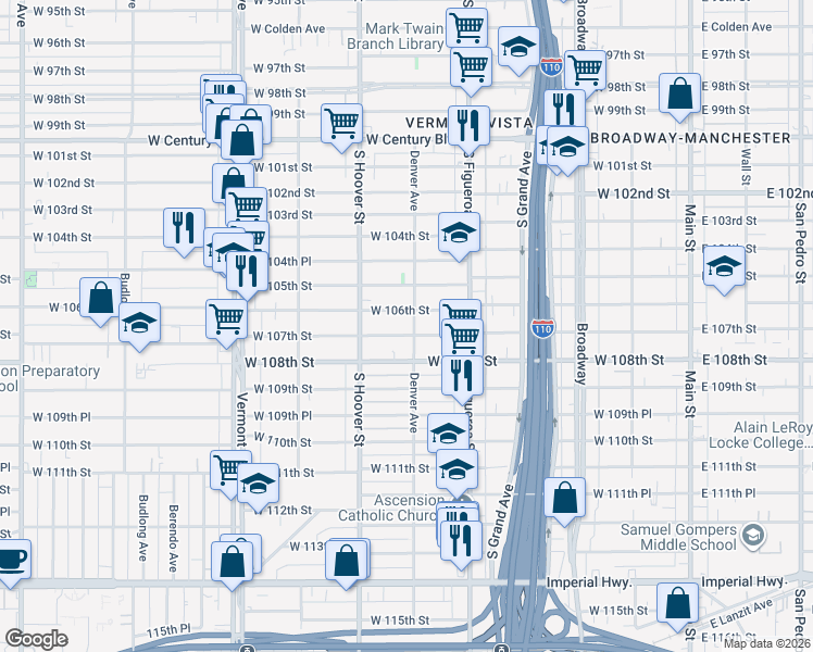 map of restaurants, bars, coffee shops, grocery stores, and more near 605 West 107th Street in Los Angeles