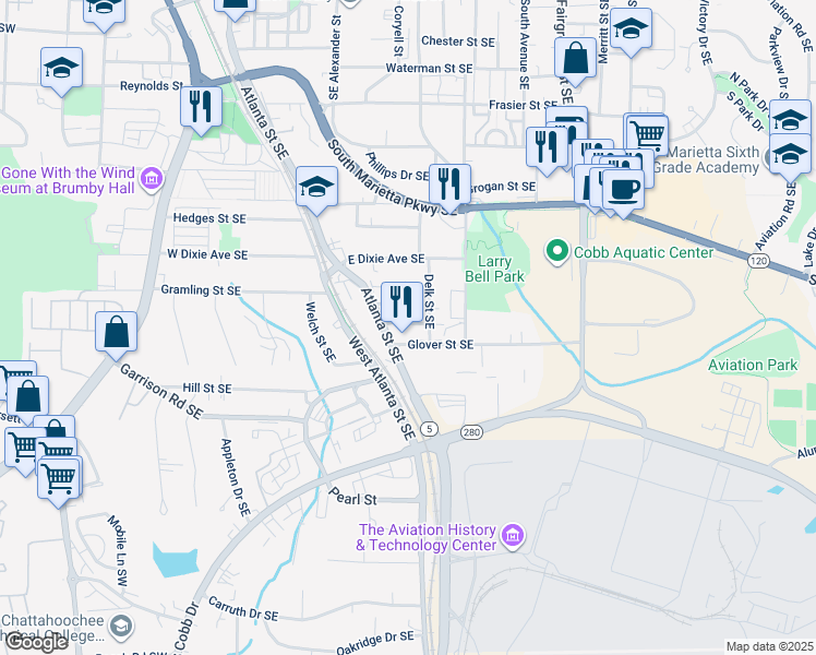 map of restaurants, bars, coffee shops, grocery stores, and more near 395 Glover Street Southeast in Marietta