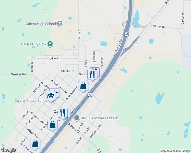 map of restaurants, bars, coffee shops, grocery stores, and more near 801 North McKinley Avenue in Calera