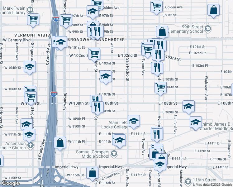 map of restaurants, bars, coffee shops, grocery stores, and more near 215 East 107th Street in Los Angeles