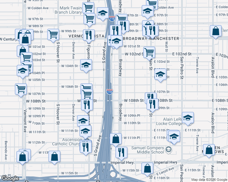 map of restaurants, bars, coffee shops, grocery stores, and more near 317 West 107th Street in Los Angeles