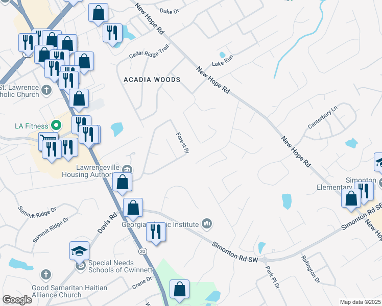 map of restaurants, bars, coffee shops, grocery stores, and more near 97 Forest Place in Lawrenceville